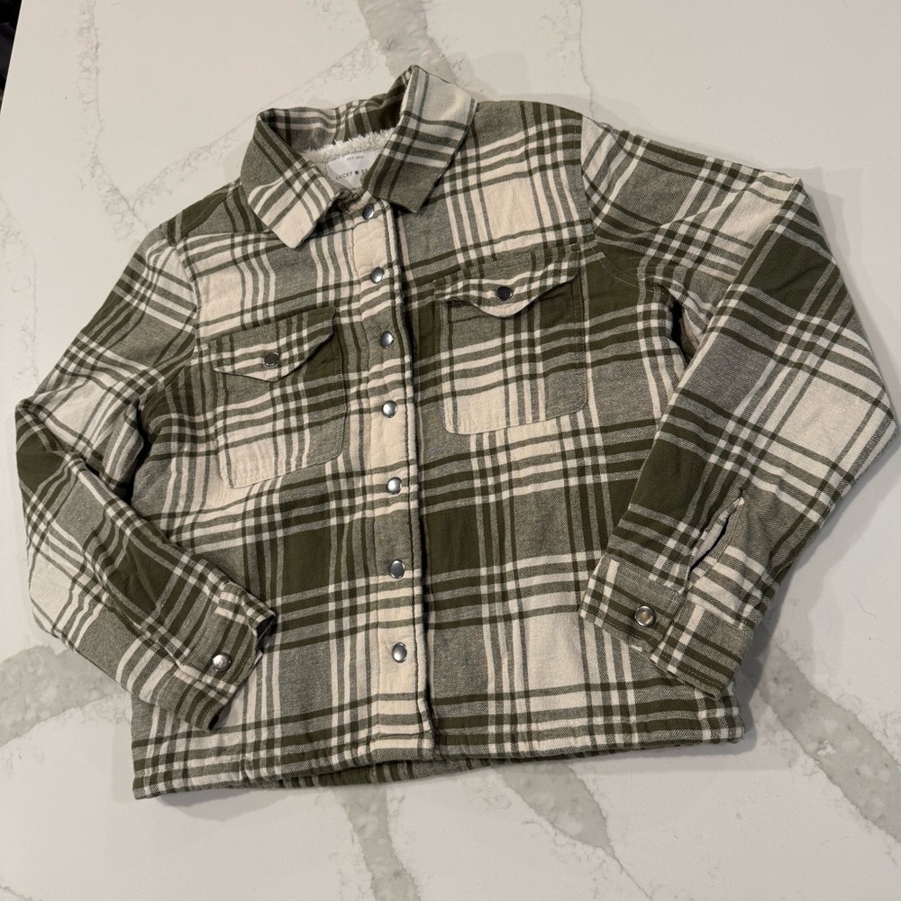 Lucky Brand Plaid Sherpa Flannel Shirt Jacket Womens Small Sage Green SnapButton - Picture 2 of 7